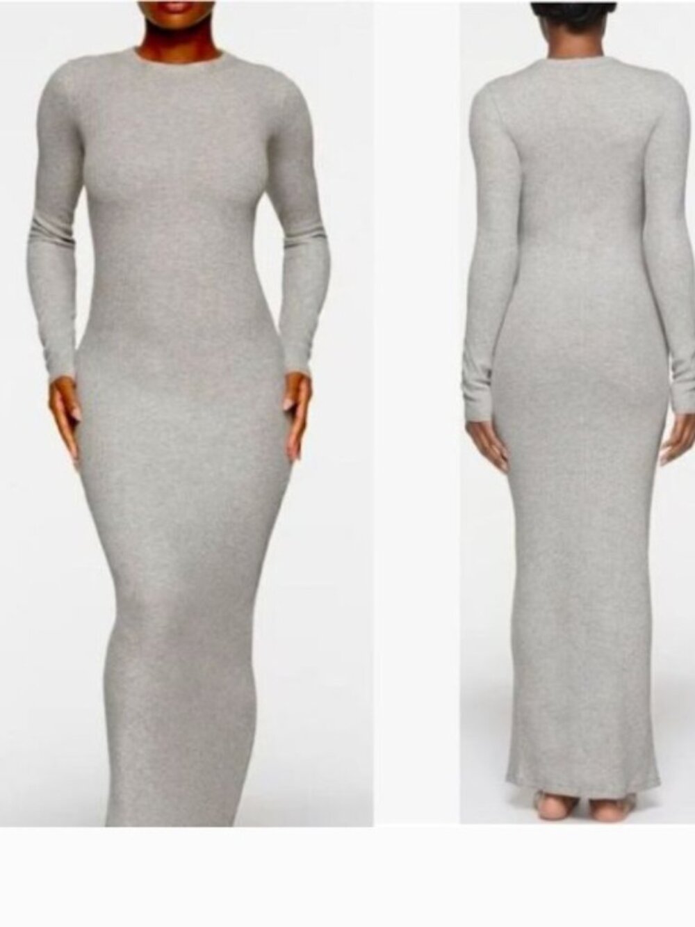 SKIMS Fits Everybody Ribbed Longsleeve crew neck maxi dress. Grey w Foil. Sz XL